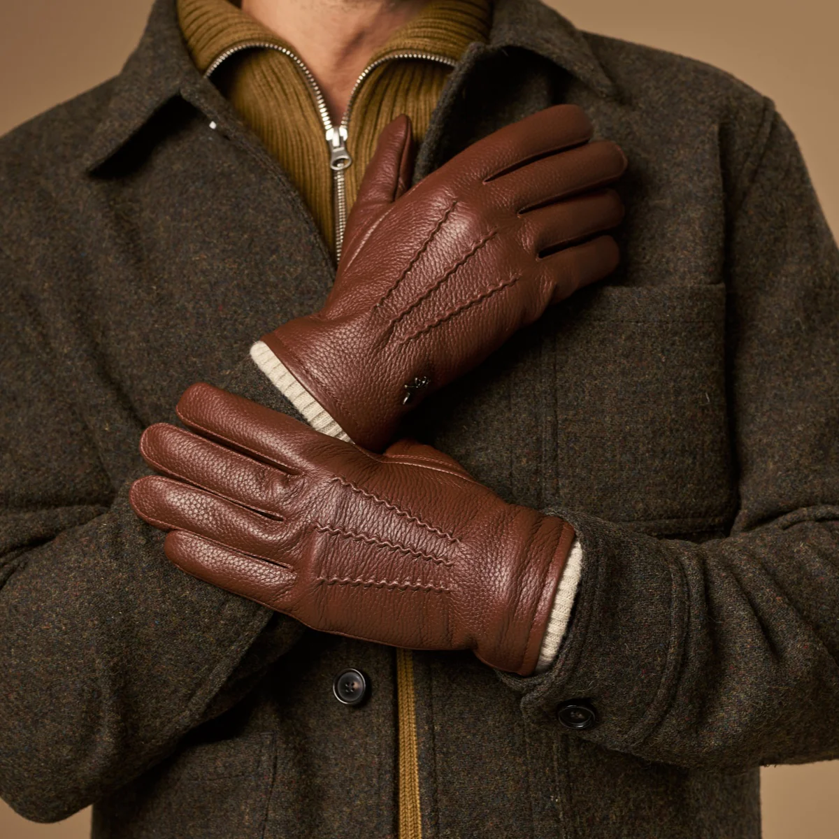 Columbus (brown) – Luxurious deerskin (American deerskin) leather gloves with warm wool lining - Image 9
