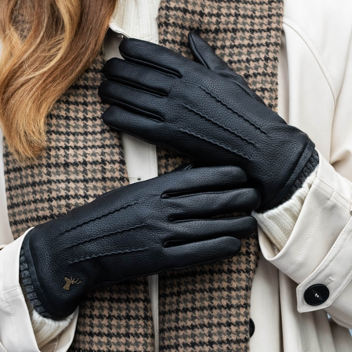 Emily (black) – Deerskin (American deerskin) leather gloves with warm wool lining - Image 9