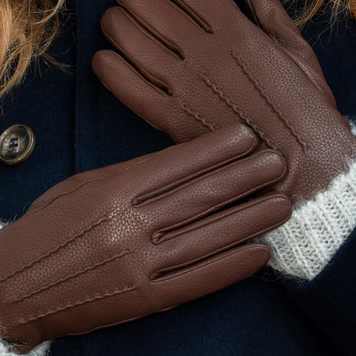 Emily (brown) – Deerskin (American deerskin) leather gloves with warm wool lining - Image 9