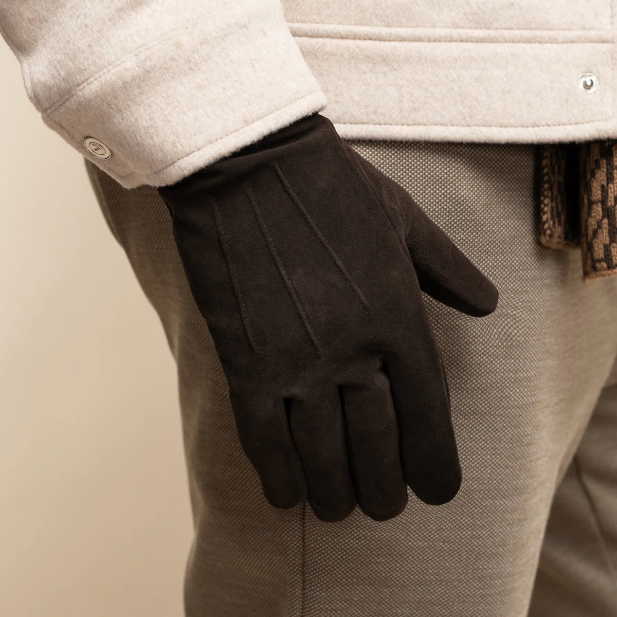 Rex (brown) - Suede goatskin leather gloves with luxurious wool/cashmere lining - Image 7