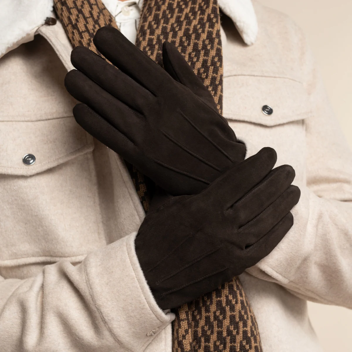 Rex (brown) - Suede goatskin leather gloves with luxurious wool/cashmere lining - Image 9